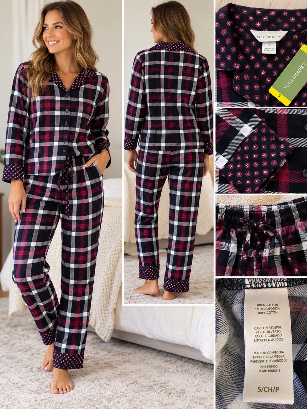 Vera Bradley Black & Pink Plaid Cotton Pajama Set